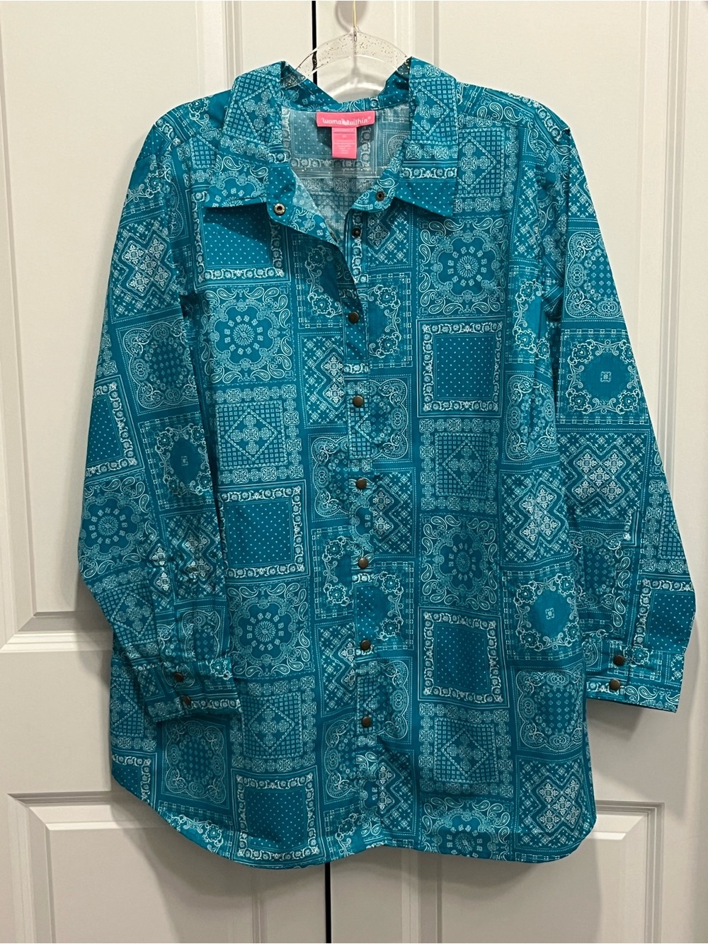 Women’s 1X Boho Patchwork Paisley Bandana Print Snap Button Front Shirt Tunic